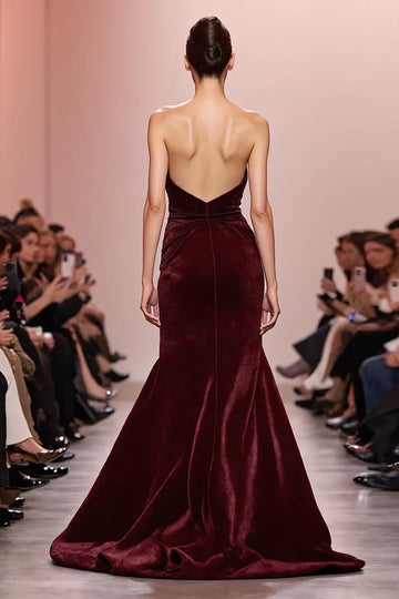 Dark Red Mermaid Velvet Strapless Long Formal Dress
